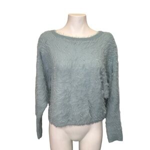 Wearing Your Heart on Your Sleeve Blue Crewneck Fuzzy Knit Cropped Sweater Small